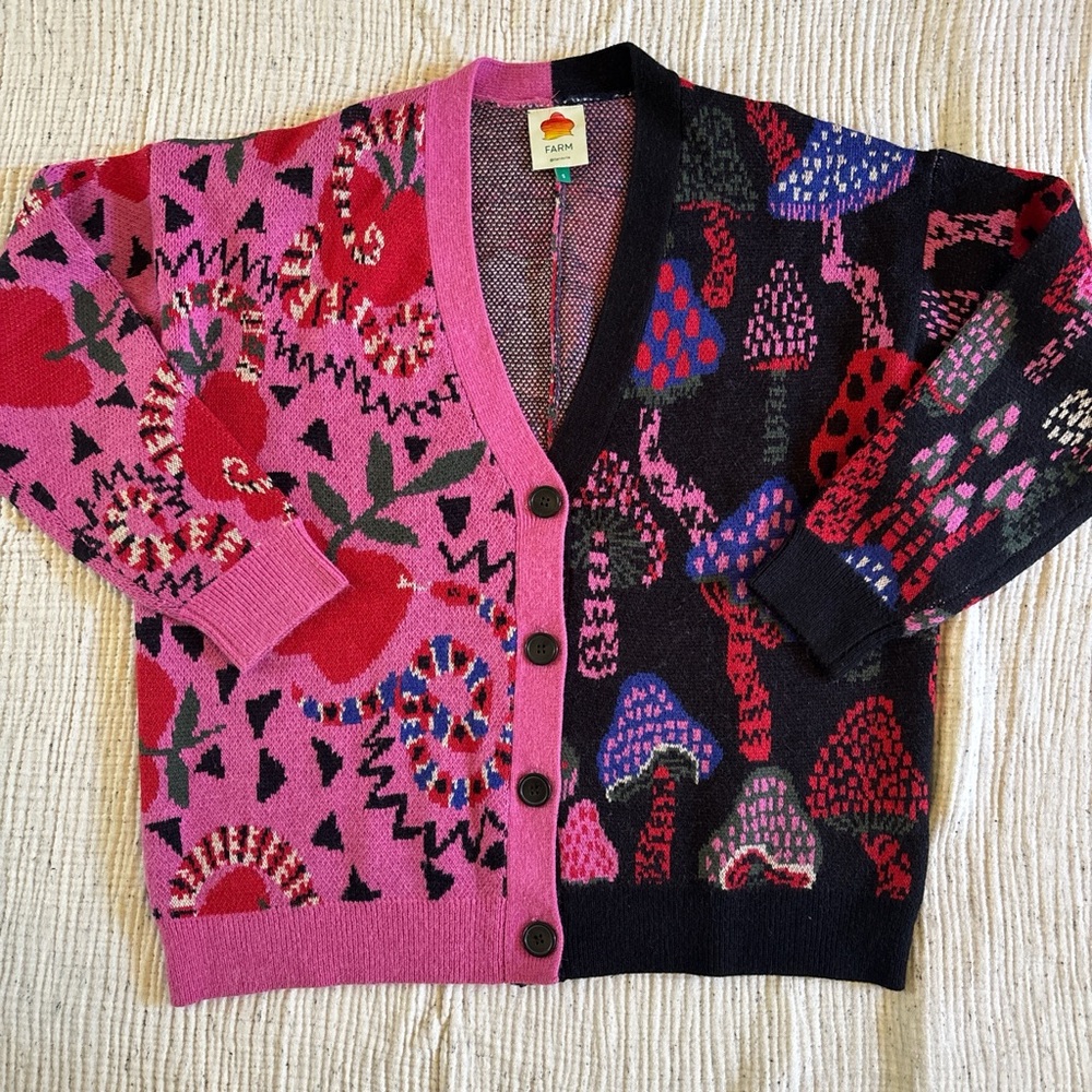 FARM Rio Pink and Black Split-Design Cardigan Sweater